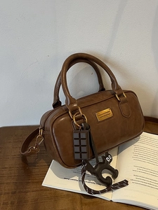 Borsa Boston Vintage a Cuscino per Donna in Pelle PU Borsa a Tracolla a Mano Con Pendaglio Gatto Cioccolato Borsa Moda Retrò