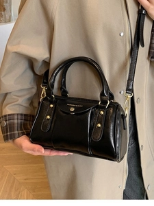 Women Vintage PU Leather Boston Pillow Bag Fashion Letters Handbag Shoulder Crossbody Bag Gold Hardware Minimalist Small Bag