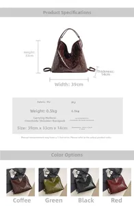 Detailed spec chart showing size, weight, and colors for the large PU leather tote bag