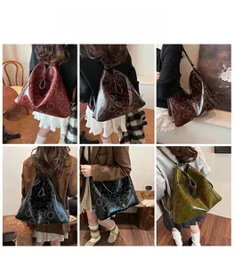 Collage of model showcasing large vintage tote bags in various autumn leather colors
