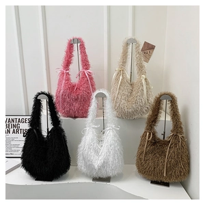 Detailed view of plush tote bags with ribbon bows in pink, beige, black, white, and brown