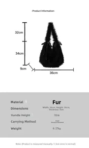 Detailed size chart for black faux fur tote bag with dimensions and strap height specs