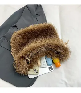 Detailed interior of a brown faux fur tote bag with large capacity for daily essentials