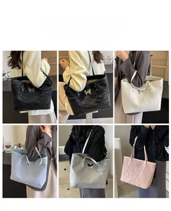 Collage of fashion tote bags with silver butterfly buckle shown in five trendy colors