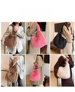 Fuzzy faux fur tote bag with ribbon bow detail shown in brown, pink, black, and white