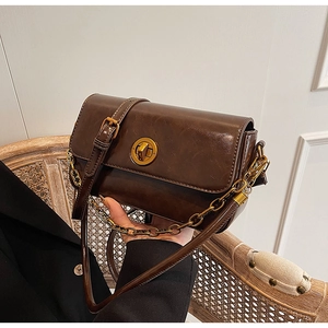 Detailed shot of dark brown vintage handbag with gold clasp and chain strap held by model