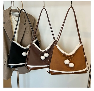 Three autumn PU leather shoulder bags with faux fur trim and cute pom-pom tassels