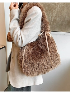 Brown fluffy faux fur tote bag with pink satin bow detail for women's winter fashion