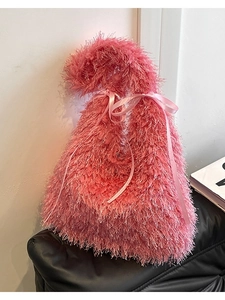Chic pink fuzzy tote bag with long tassels and a satin bow knot for women