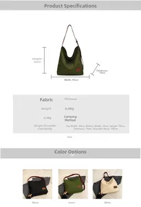 Detailed dimension guide and color options for the large canvas tote bag with PU details