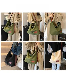 Detailed views of canvas tote bag with leather straps in olive, black, and beige colors