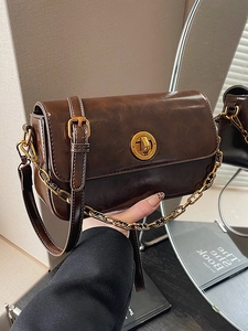 Vintage Women PU Leather Flap Crossbody Bag Golden Rotary Lock Metal Chain Elegant Minimalist Small Square Shoulder Purse