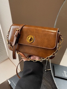 Retro brown leather crossbody small square bag with gold chain strap and twist lock