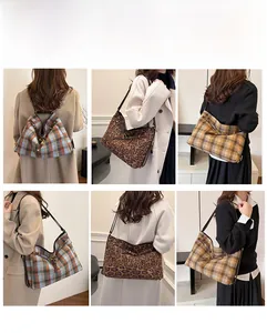 Vue détaillée du grand sac cabas à carreaux montrant les sangles et les options de couleur