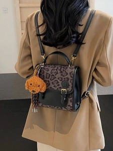 Vintage Leopard Print Patchwork Women Backpack Large Capacity PU Leather Shoulder Bag With Cute Dog Pendant Fashion Trendy Handbag