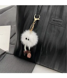 Close-up of a white fluffy monster keychain with big eyes on a black leather tote bag