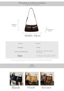 Detailed size chart and multi-color display of large vintage matte suede shoulder bags