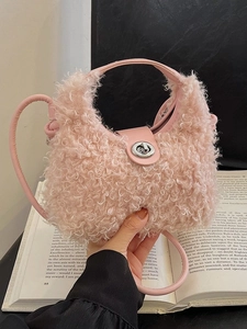 Chic pink curly faux fur handbag for women with silver metal twist lock and leather strap