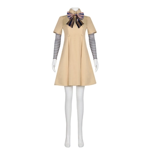 Filmcharakter Cosplay Kostüm Set Khaki A-Linie Kleid Mit Gestreifter Schleife Für Damen Mädchen Halloween Party Outfit
