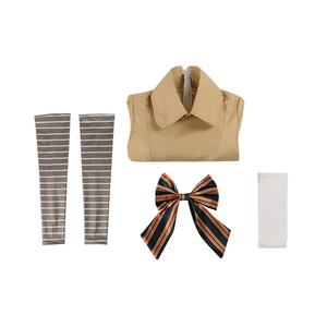 M3GAN Cosplay Kostüm-Set mit khaki Kleid, gestreiften Ärmeln und Schleife für Halloween