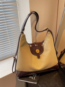 Chic patchwork tote bag in khaki canvas and brown leather with gold N buckle