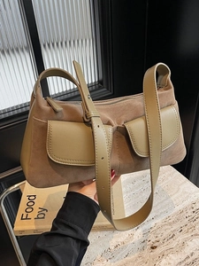 Retro olive suede shoulder bag with leather pockets and adjustable strap for women