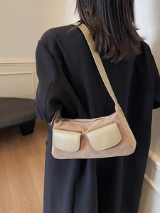 Retro khaki suede and leather shoulder bag with dual front pockets for women