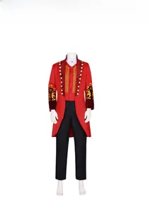 Detail of red circus ringmaster costume tailcoat with gold buttons and braided trim