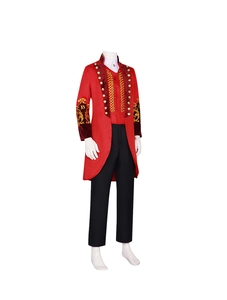 Detailed embroidery on red circus ringmaster tailcoat with gold buttons for stage performance