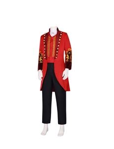 Detailed view of red ringmaster circus tailcoat with gold embroidery and brass buttons