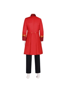 Rear view of circus ringmaster costume with gold embroidered cuffs and red tailcoat design