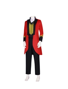 Detail of red tuxedo coat with gold embroidery and vest for circus ringmaster costume