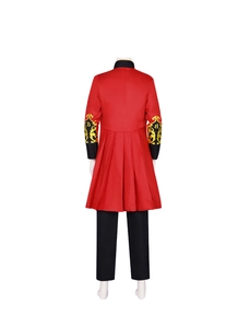 Back view of red circus ringmaster tailcoat with gold sleeve embroidery and black pants