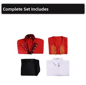 Detailed four-piece circus ringmaster costume with red jacket, vest, pants and white shirt