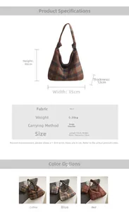 Detail guide of plaid wool tote bag showing dimensions 35x30x12cm and color options
