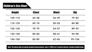Detailed kids size chart for cosplay costume including height and chest measurements