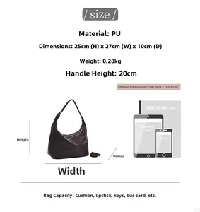 Size chart for large PU leather hobo bag showing dimensions 27x25x10cm and capacity details