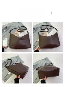 Detail view of large coffee brown hobo bag showing multiple angles and size comparison