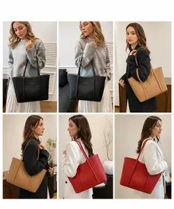 Detalles del bolso tote grande en negro, camello y rojo mostrando costuras y la textura