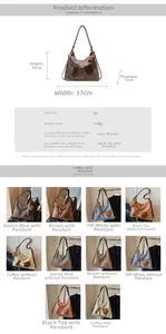 Detailed size specifications and color variants of the large vintage PU leather tote bag