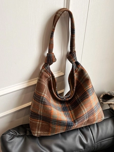 Vintage Plaid Woolen Tote Bag For Women Large Capacity Soft Shoulder Bag With Knot Strap Casual Daily Commute Handbag