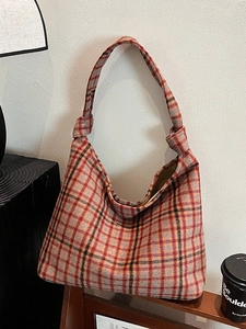 Classic plaid tote bag for women with knotted shoulder straps and large capacity storage