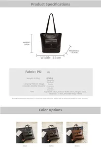 Detailed dimension guide for large PU tote bag showing 38cm width and adjustable strap