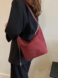 Vintage burgundy matte suede bucket bag with leather strap and fashion embroidery