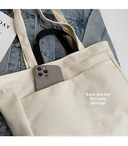 Detail der rückseitigen Aufsetztasche einer Canvas-Tote-Bag zur Handy-Aufbewahrung