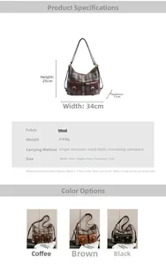 Detailed dimensions and weight specifications for the wool plaid shoulder bag