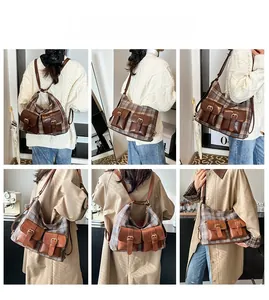Collage of model carrying a retro wool plaid underarm bag in various carrying styles