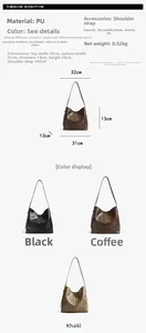 Detailed size specifications for large PU leather bucket bag with dimensions and strap length