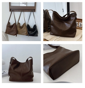 Collage of large retro faux leather tote bags in dark brown, khaki, and black colors