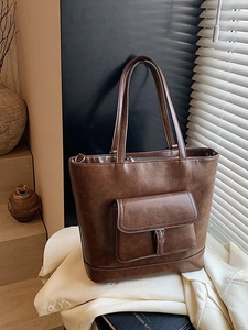 Vintage dark brown tote bag in matte PU leather featuring a front flap pocket design